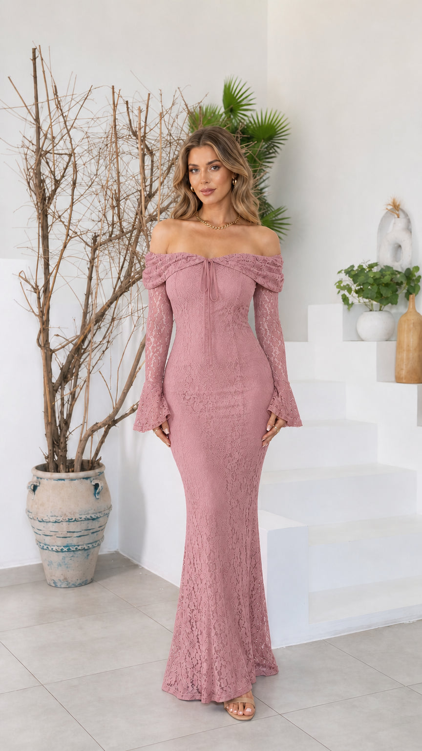 Model wearing mauve pink off-the-shoulder lace mermaid maxi dress
