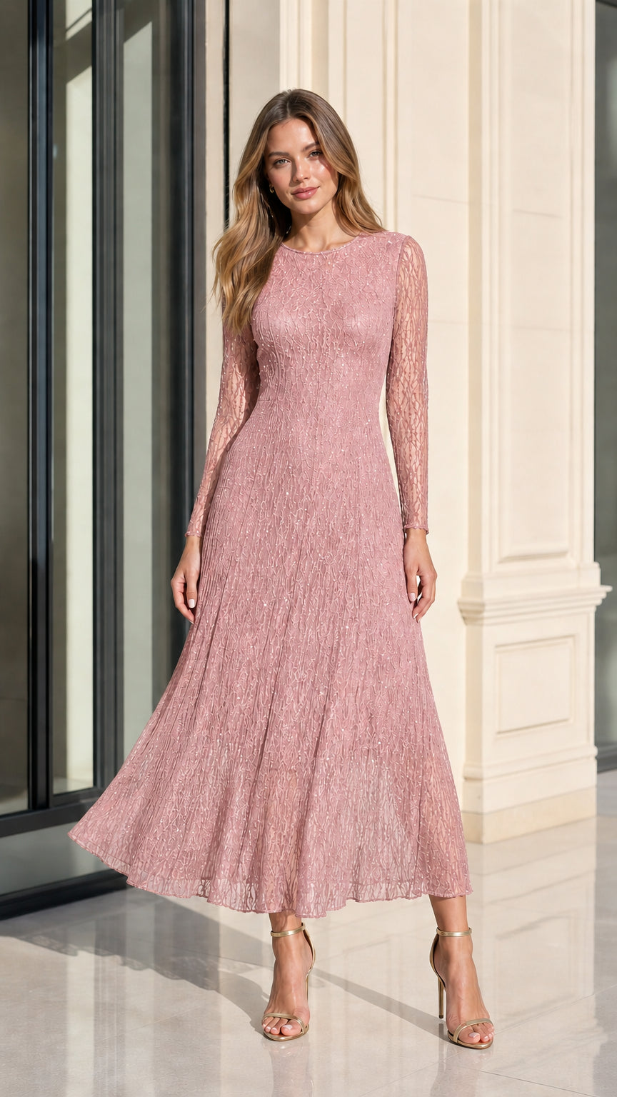 Dusty Rose long sleeve sequin lace formal midi dress