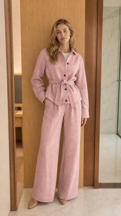 Front view of model wearing blush pink belted shirt jacket and wide-leg pants set