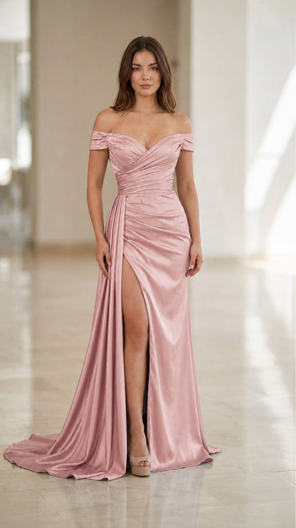 Front view of dusty pink off-the-shoulder ruched satin maxi dress