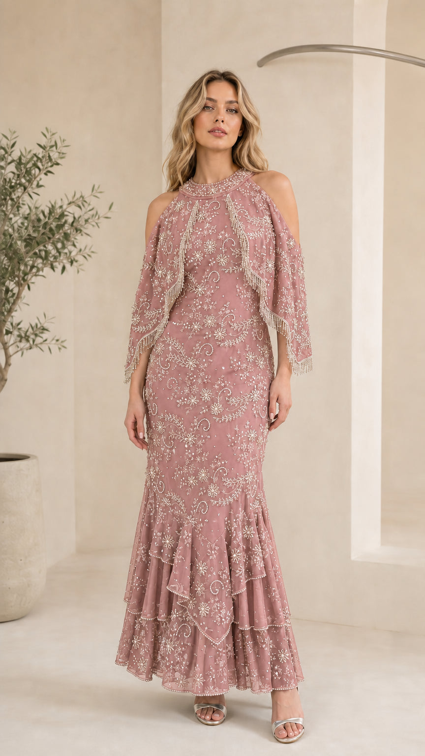 Dusty Rose embellished cold-shoulder capelet formal gown on model