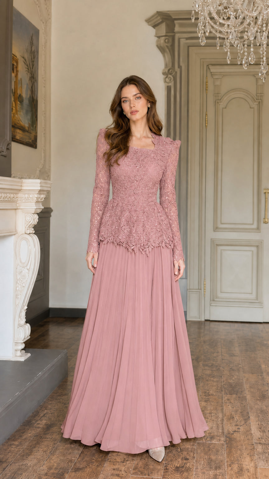 Full-length view of Dusty Rose pink lace peplum mother of the bride maxi dress
