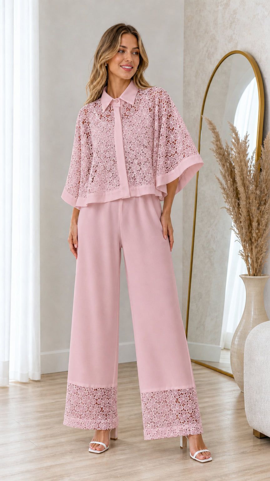 Model wearing dusty pink floral lace top and matching pant set
