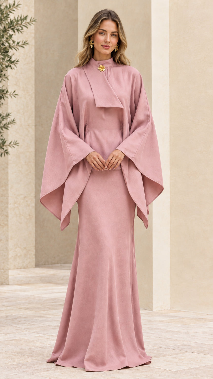 Full front view of dusty pink high neck cape sleeve evening dress