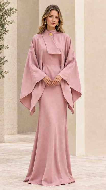 Full front view of dusty pink high neck cape sleeve evening dress