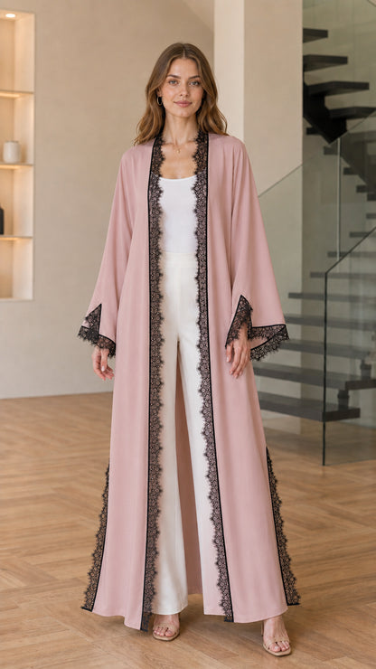 Front view of dusty pink open-front maxi kimono cardigan with black lace trim