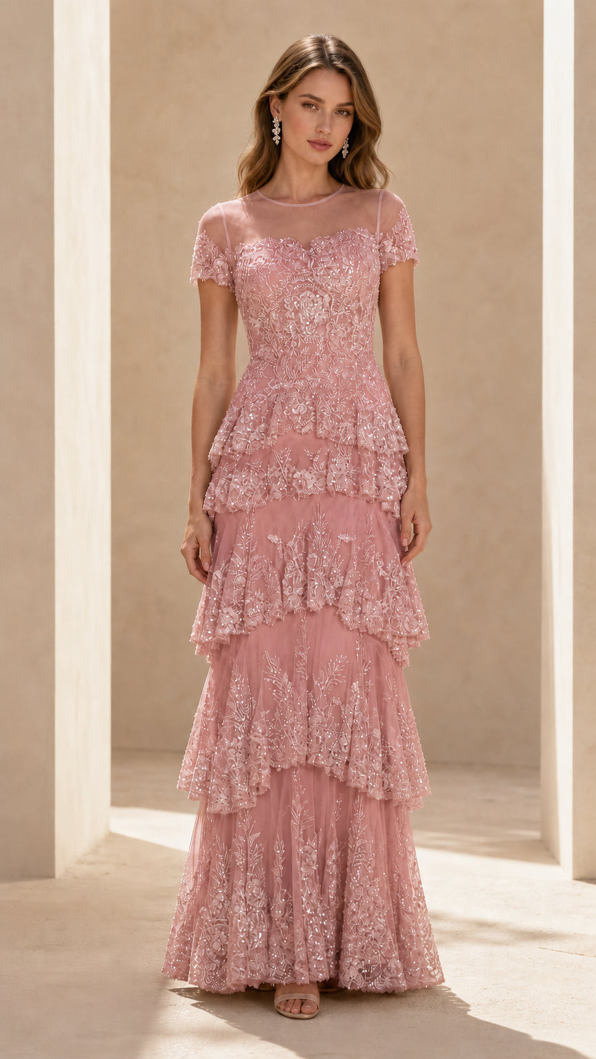 Front view of dusty pink sequin tiered maxi evening gown