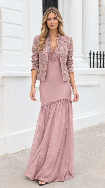 Front view of dusty pink floral jacquard jacket and maxi dress two-piece set