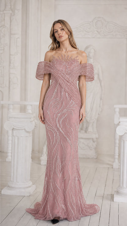 Front view of dusty rose pink sequined mermaid evening gown