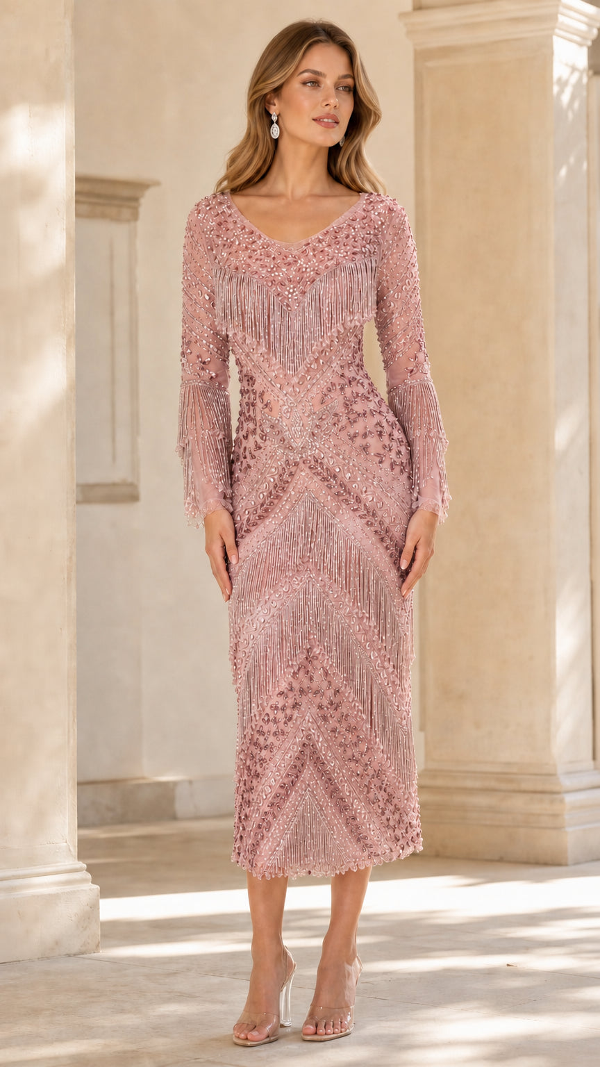 Front view of model wearing Dusty Pink sequined fringe long sleeve midi dress