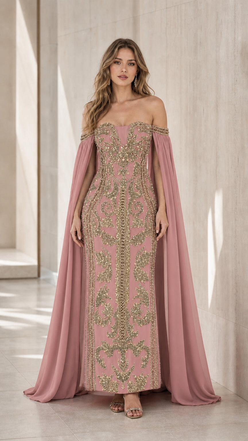 Dusty rose pink formal gown with gold baroque embroidery and sheer cape drapes