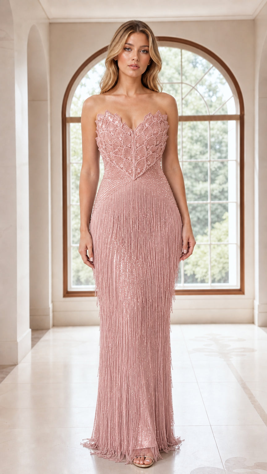 Model wearing blush pink strapless beaded fringe floor-length gown