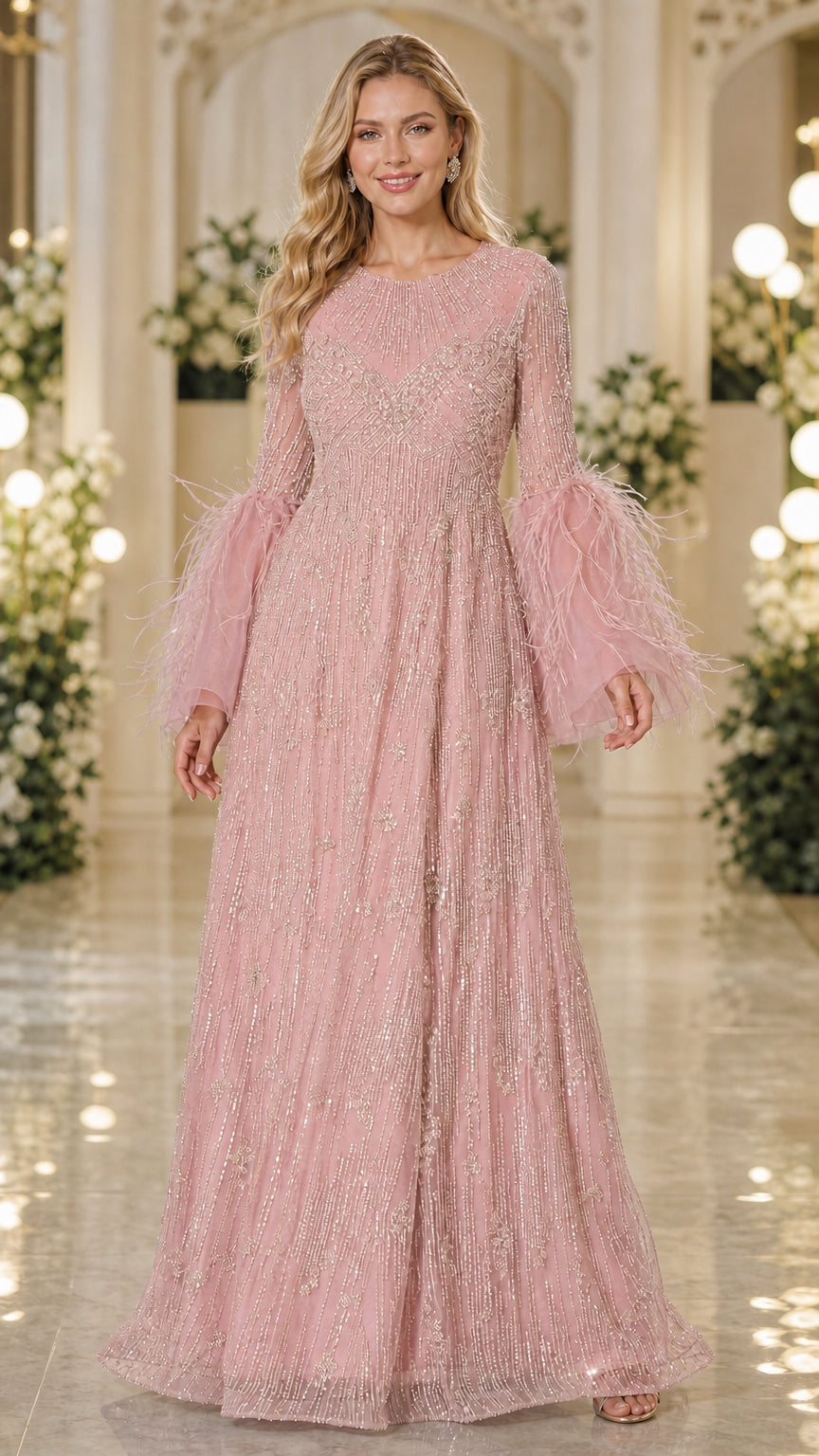 Blush pink sequin and beaded formal maxi dress with feather trimmed sleeves