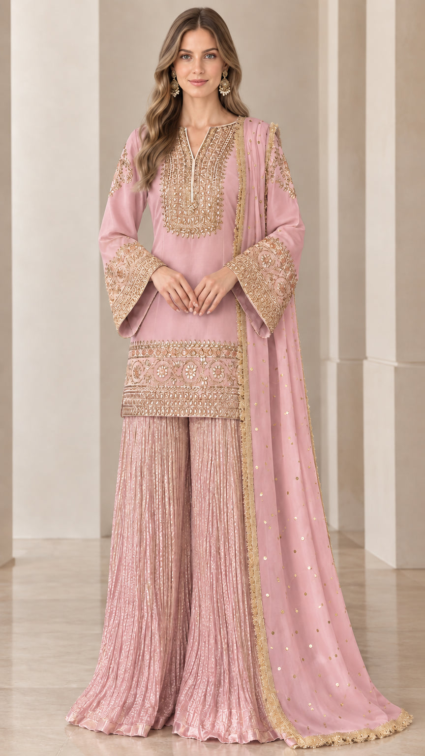 Blush Pink embroidered ethnic suit set with pleated sharara pants and shawl