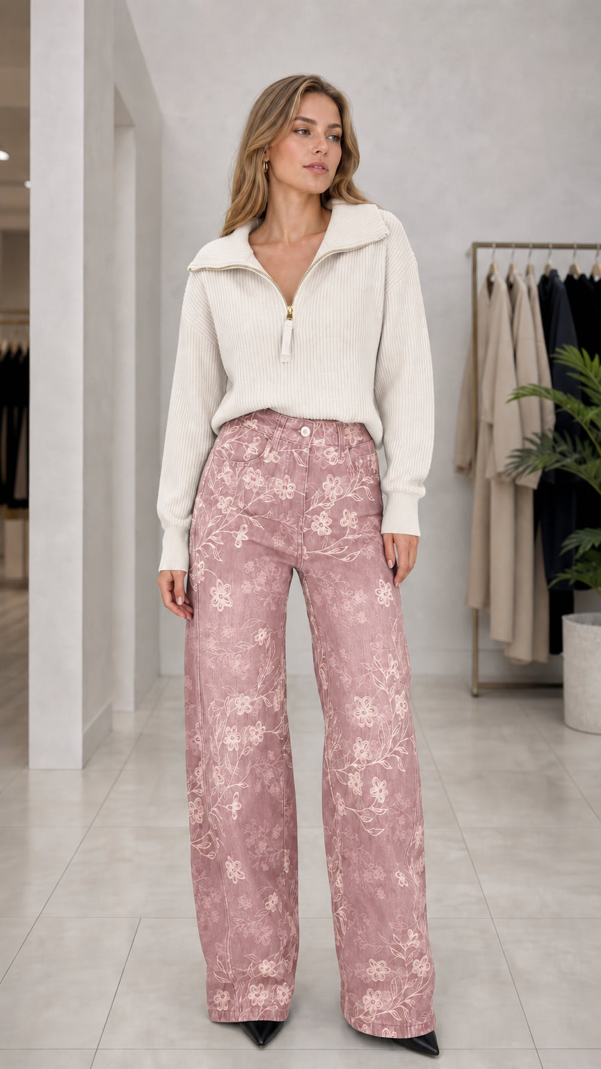 Full front view of Dusty Pink floral embroidered wide leg high rise trousers