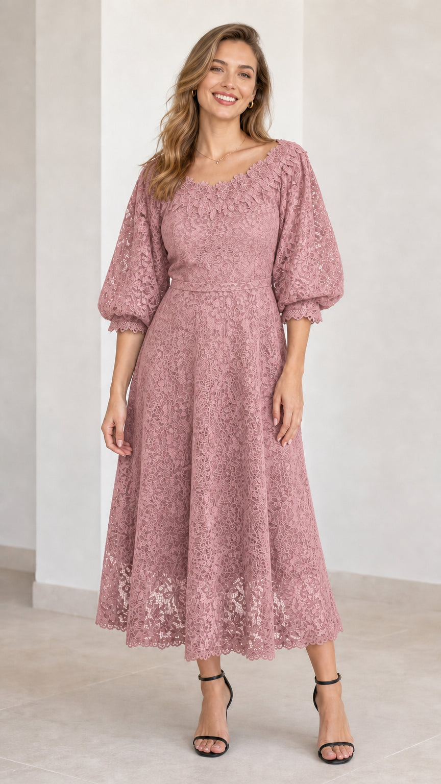 Dusty rose pink floral lace puff sleeve midi dress front view