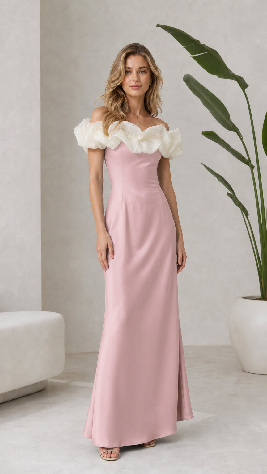 Blush Pink off-the-shoulder formal gown with ruffled trim