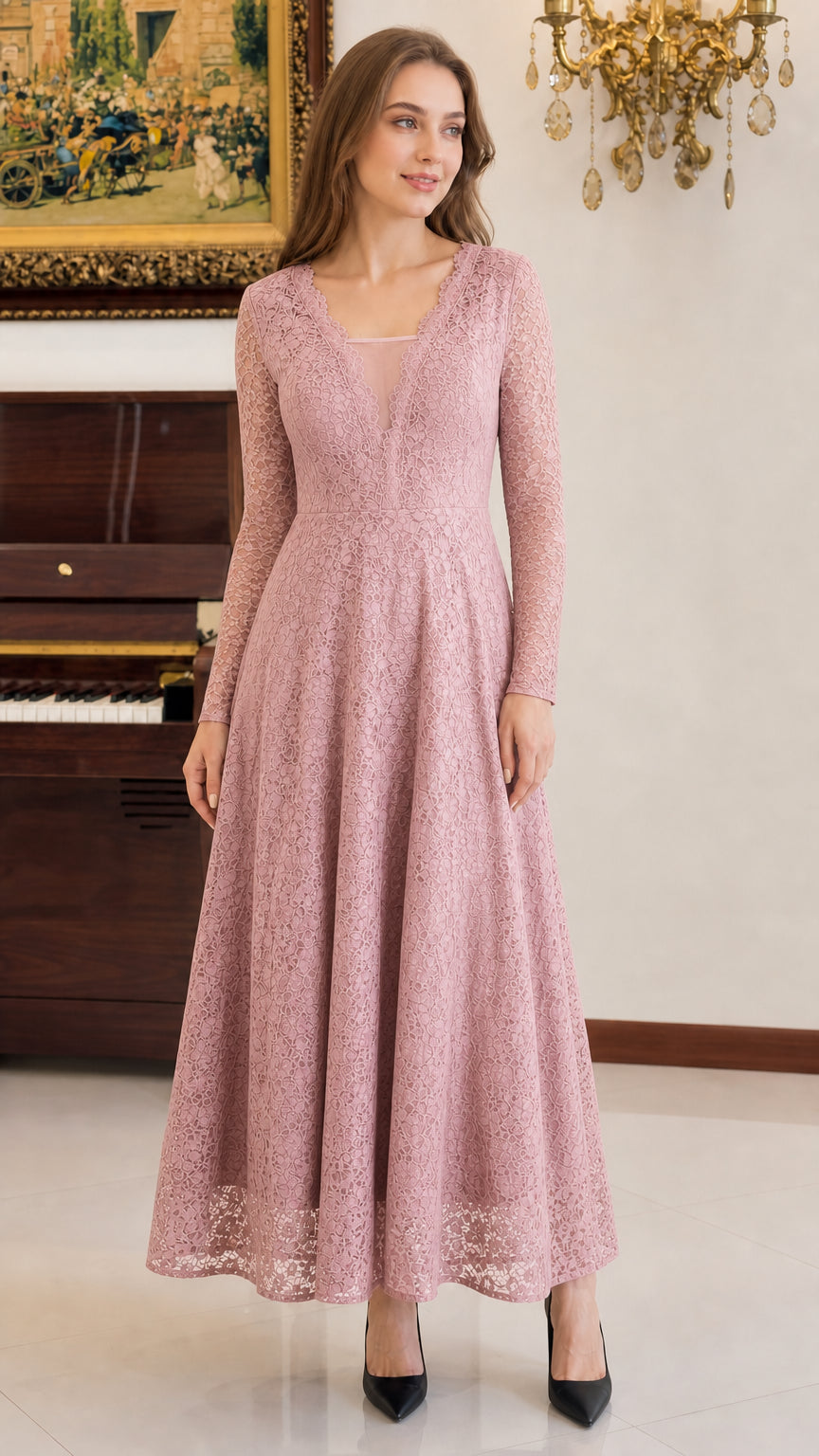 Front view of woman wearing dusty pink floral lace long sleeve maxi dress