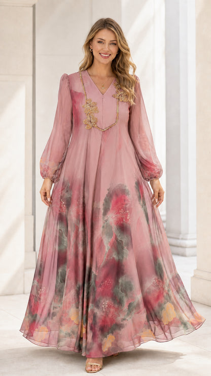 Dusty Rose floral print chiffon evening maxi dress with long sleeves