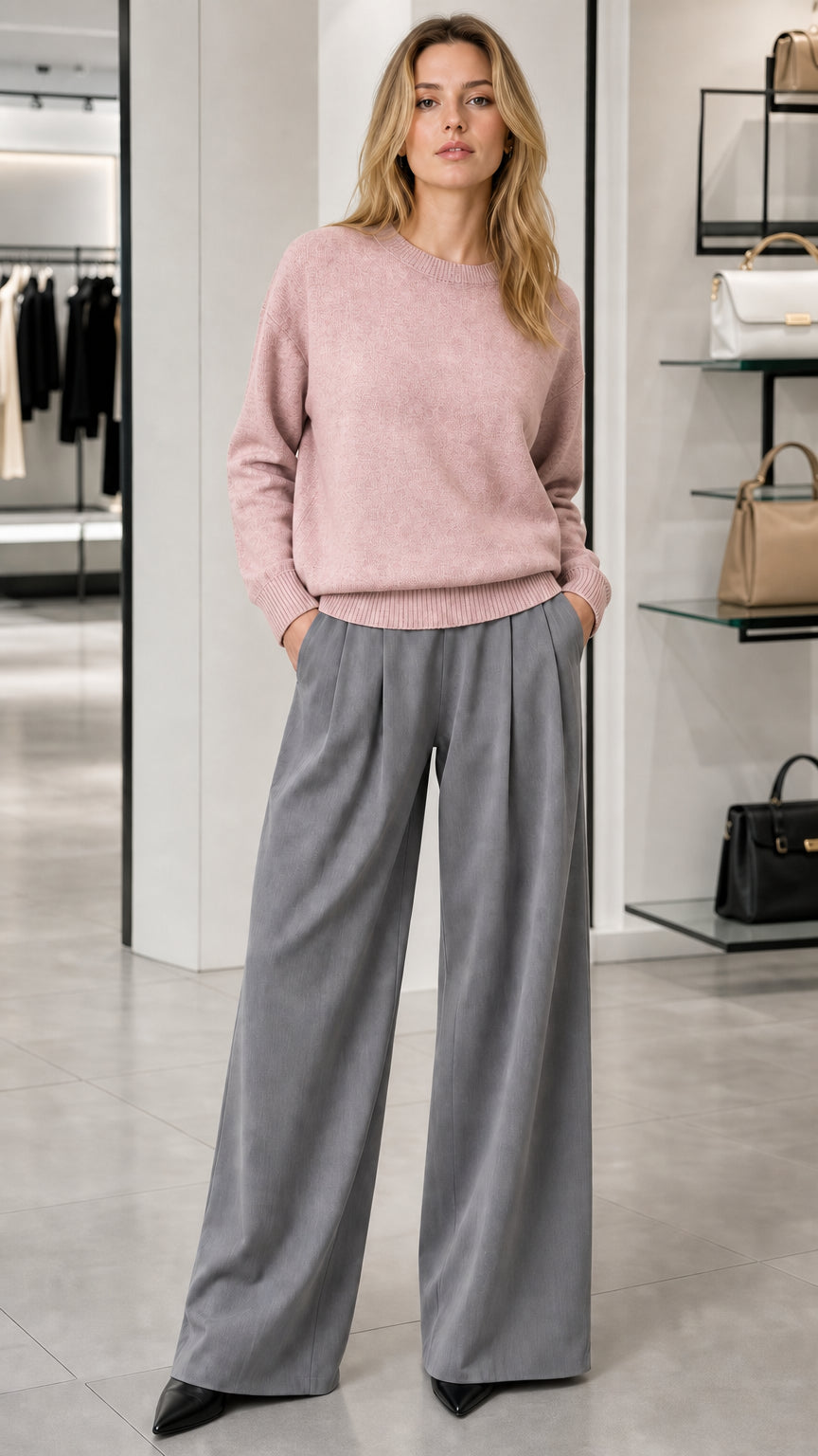 Model wearing dusty pink crewneck knit sweater with grey wide-leg trousers