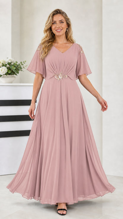Front view of dusty pink flutter sleeve chiffon maxi formal dress