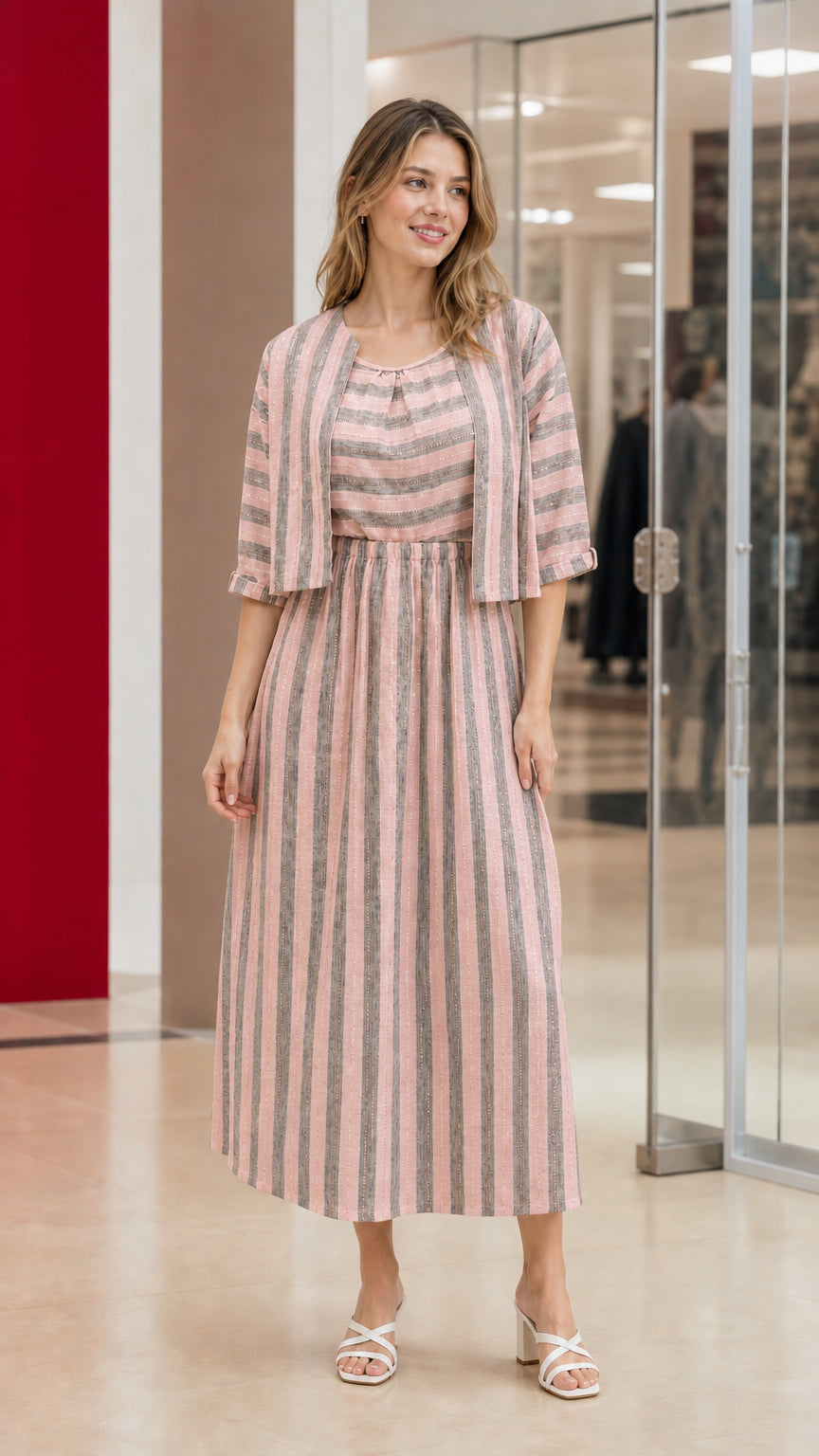 Woman wearing blush pink and white striped two-piece dress set