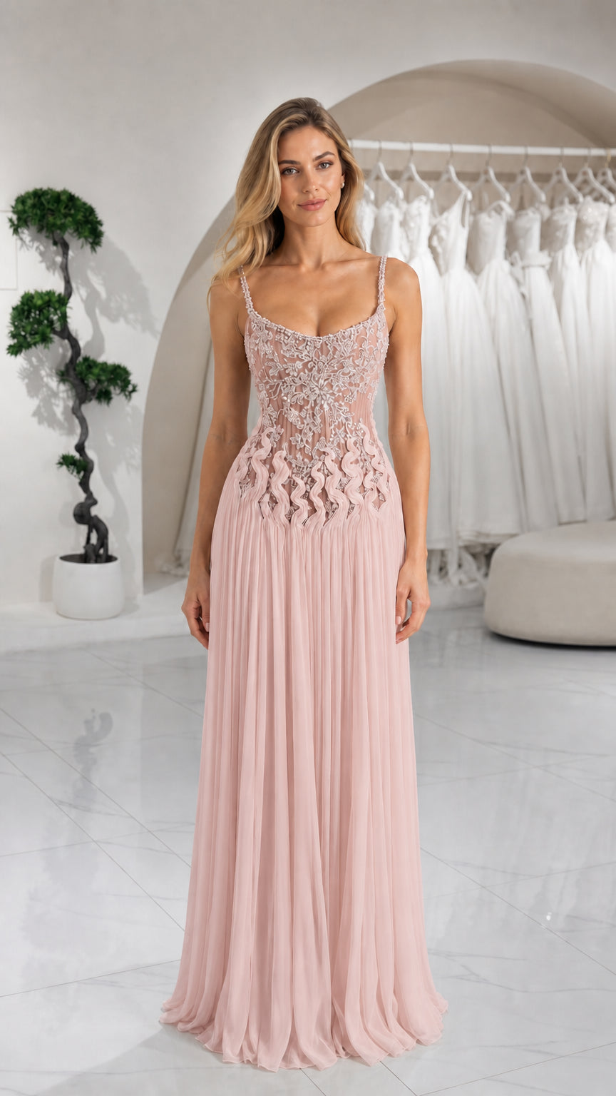 Front view of blush pink embellished bodice pleated maxi dress