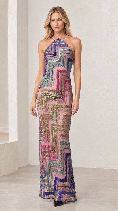 Model wearing Blush Pink Multi geometric sequin halter evening dress