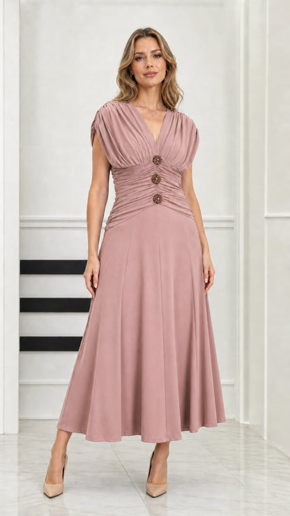 Front full-length view of model wearing dusty pink ruched waist V-neck midi dress