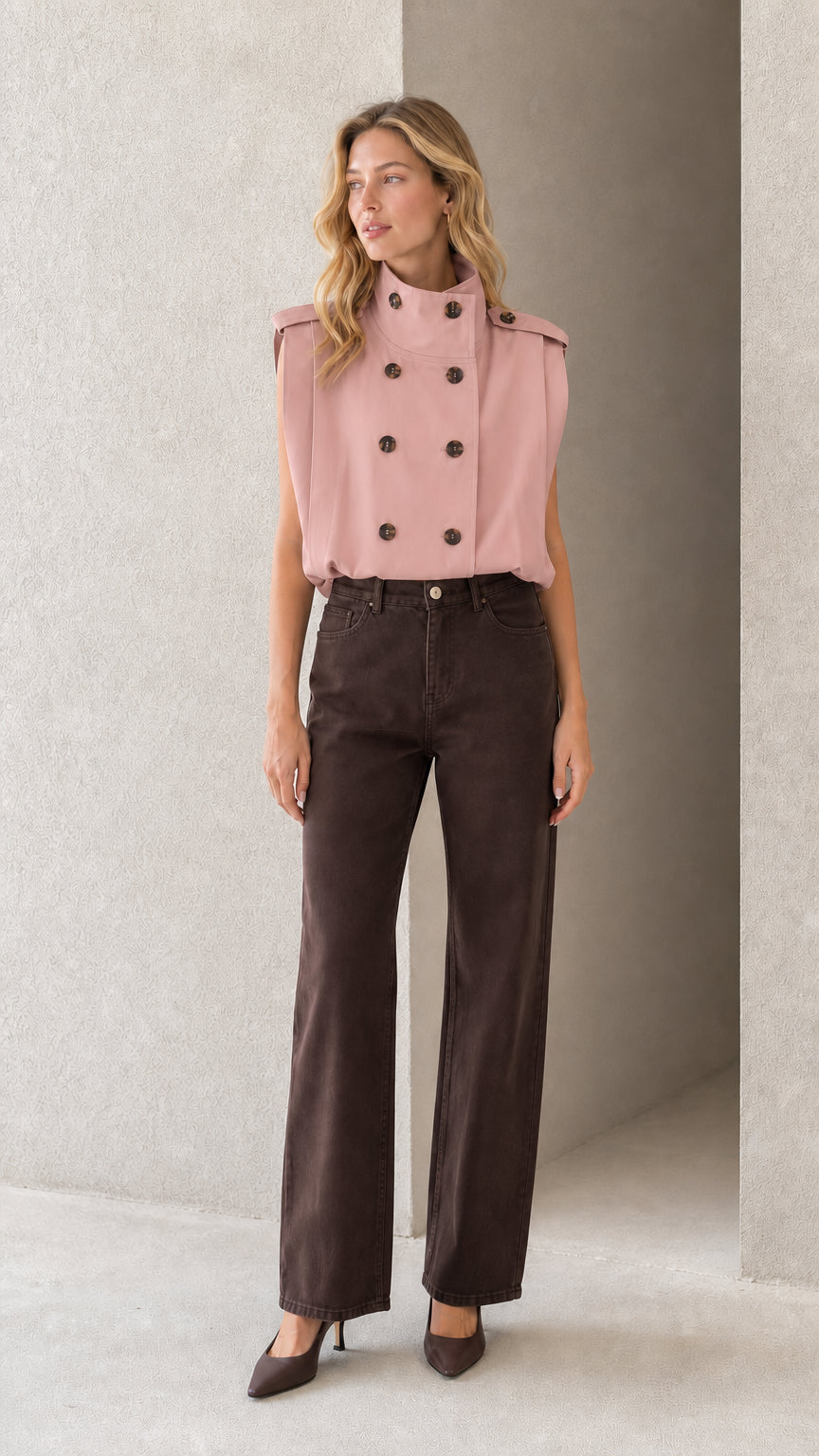Model wearing dusty pink sleeveless double-breasted high neck blouse with dark trousers
