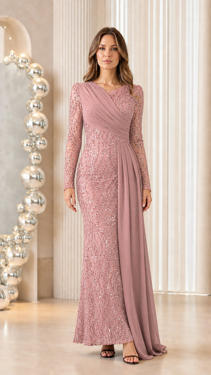 Front view of woman wearing dusty rose pink sequined long sleeve maxi dress