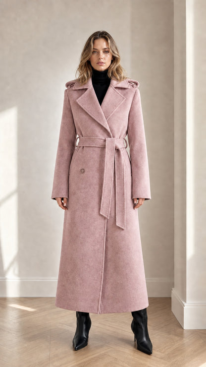 Front full-length view of woman wearing dusty pink maxi belted trench coat