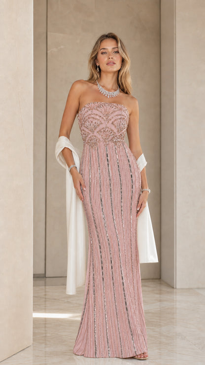 Blush pink strapless embellished formal maxi dress with shawl - front view
