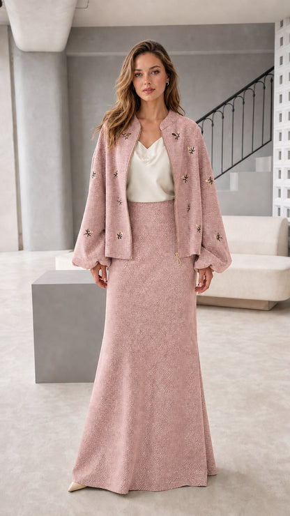 Women's embroidered jacket and maxi skirt set in dusty pink