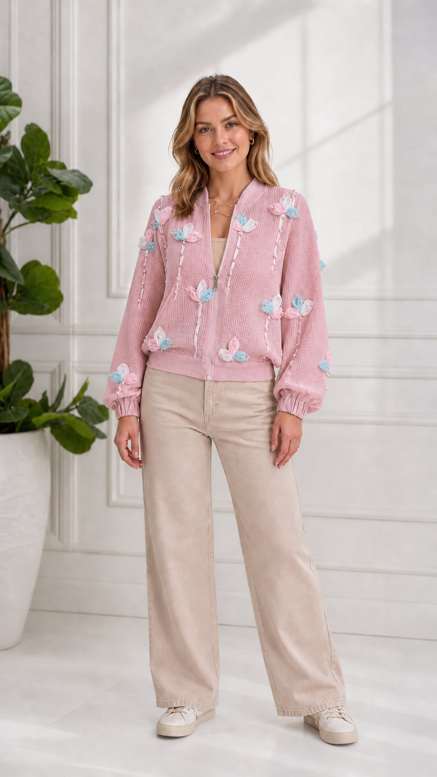 Model wearing pastel pink 3D floral zip-up knit bomber cardigan