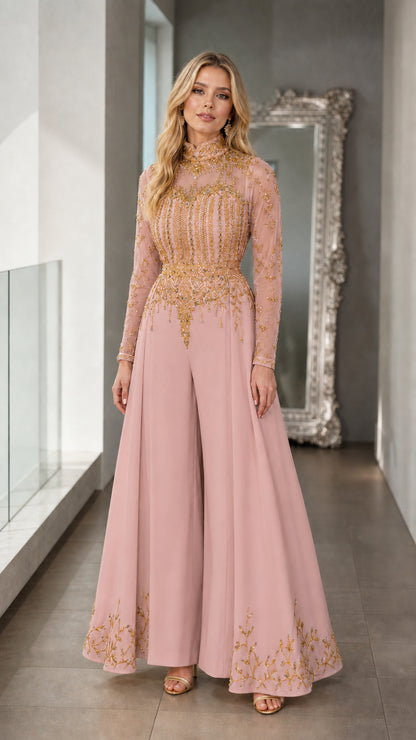 Full-length view of dusty rose pink formal wide-leg jumpsuit with gold embroidery