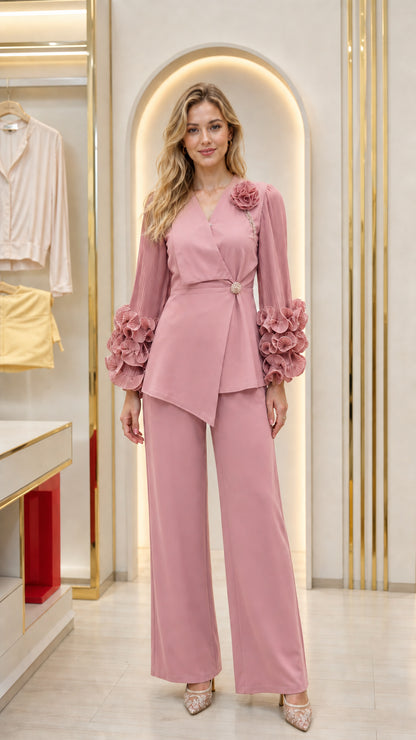 Full front view of dusty pink floral wrap blazer and matching wide leg pants