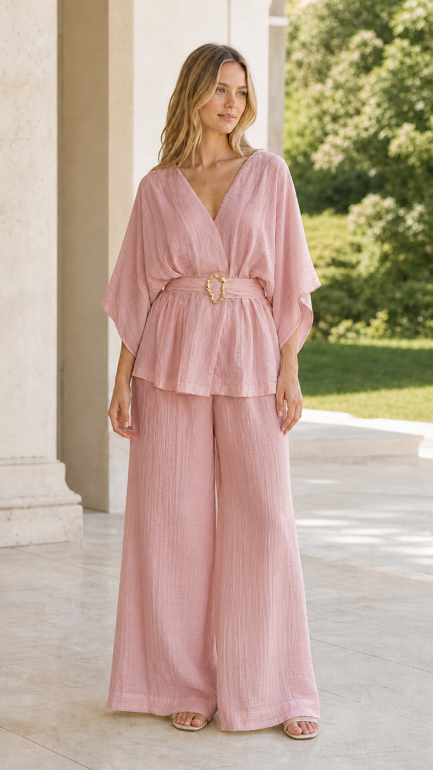 Model wearing dusty pink belted kimono top and wide-leg pant set