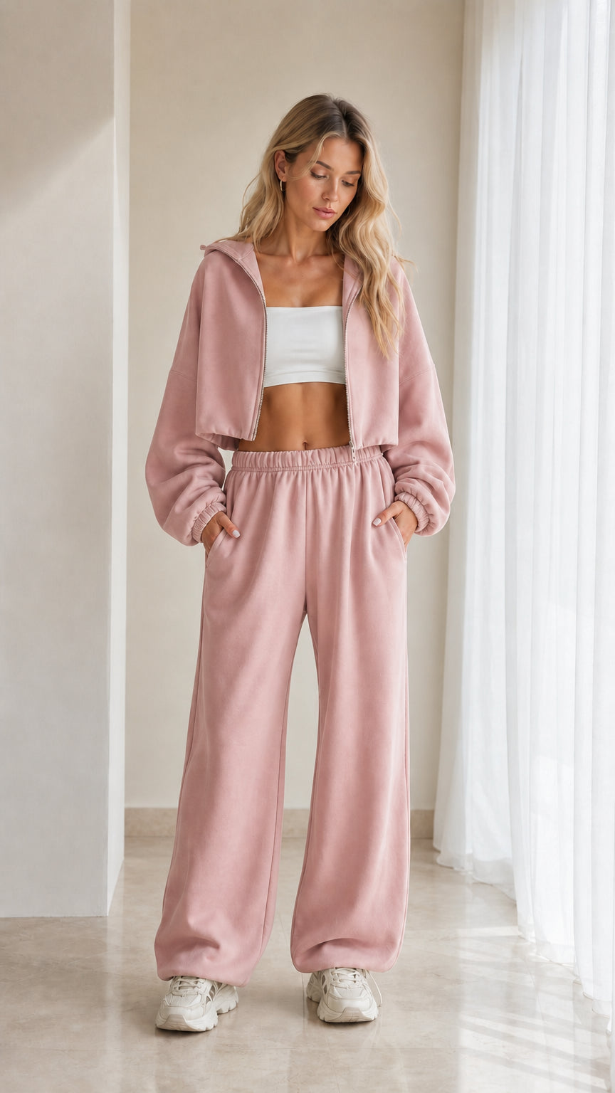 Model wearing dusty pink 2-piece cropped hoodie and wide leg sweatpants set
