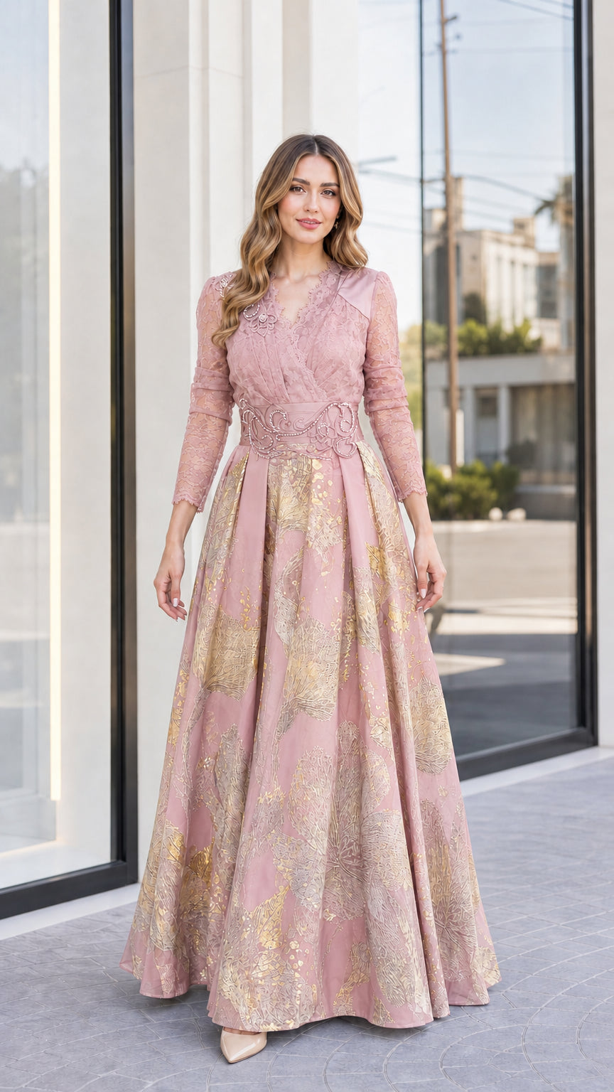 Dusty pink and gold metallic floral lace maxi evening dress