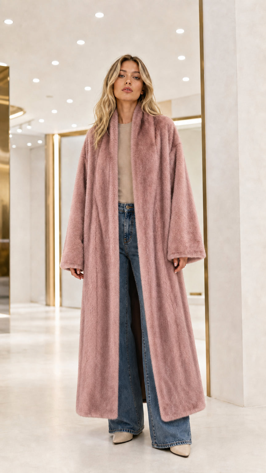 Front view of model wearing the dusty pink plush faux fur maxi coat