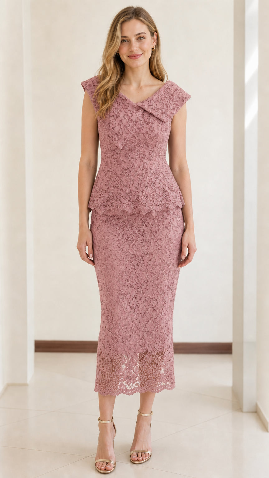Front view of woman wearing dusty rose pink lace peplum midi dress