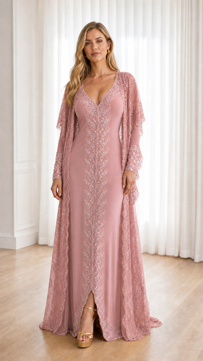 Dusty rose sequin embroidered evening gown with matching sheer lace jacket