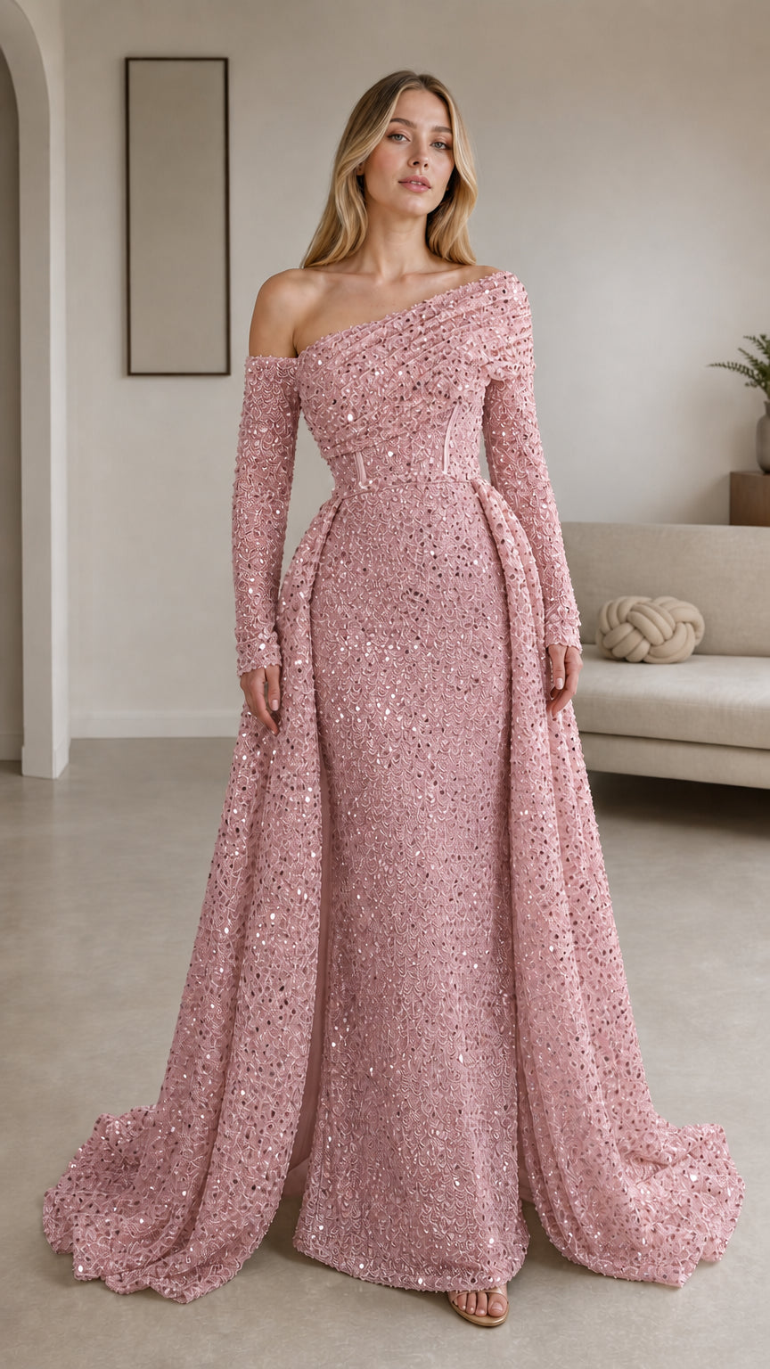 Blush pink sequin asymmetrical long sleeve evening gown with train