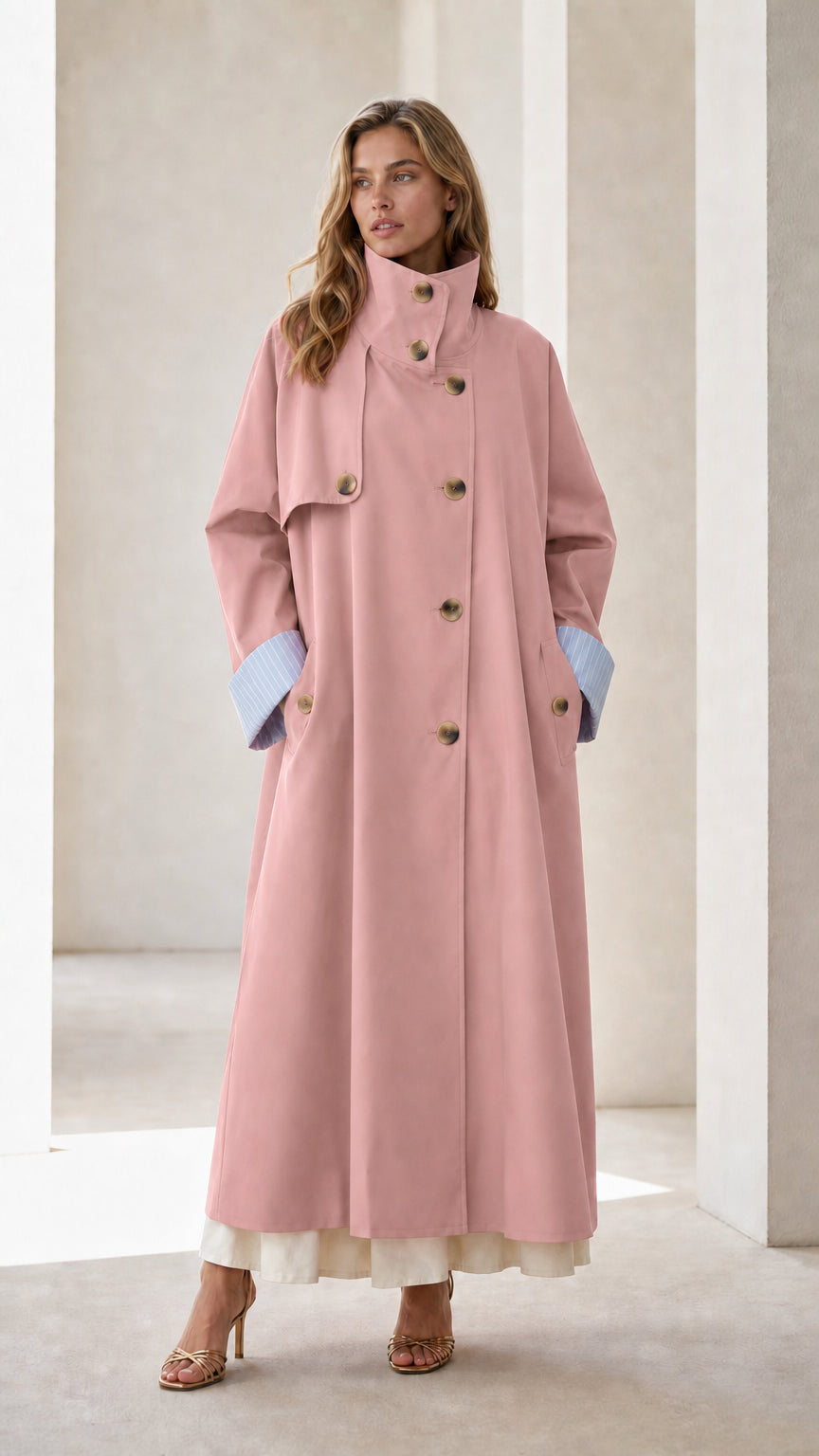 Full-body view of woman wearing a pink long trench coat