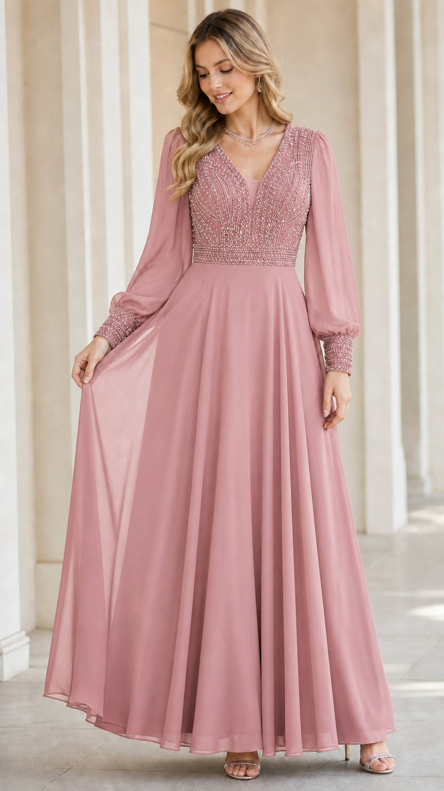 Dusty pink long sleeve beaded chiffon formal evening dress
