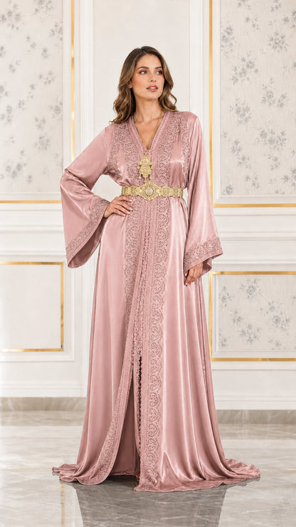 Full front view of dusty pink satin formal caftan gown with gold waist belt