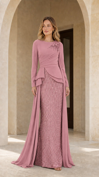 Dusty rose modest formal dress with peplum waist and sparkle skirt