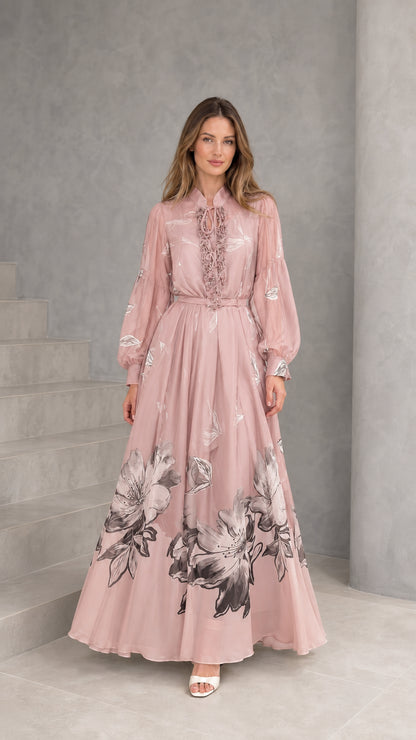 Dusty pink floral print long sleeve chiffon evening maxi dress