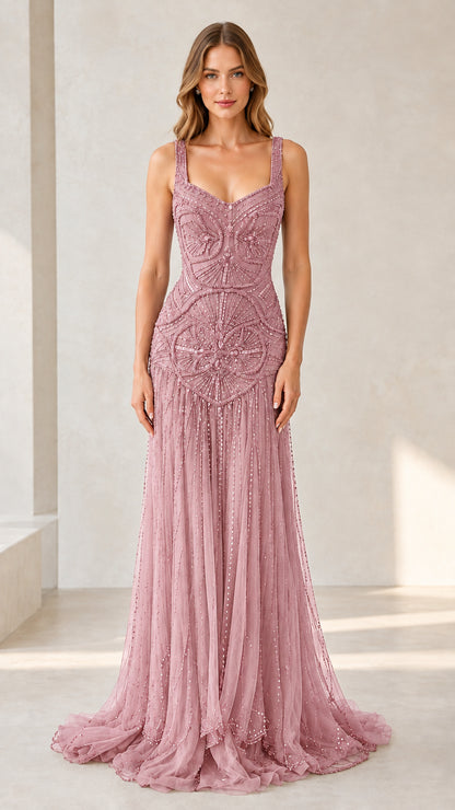 Dusty rose pink beaded formal maxi evening gown